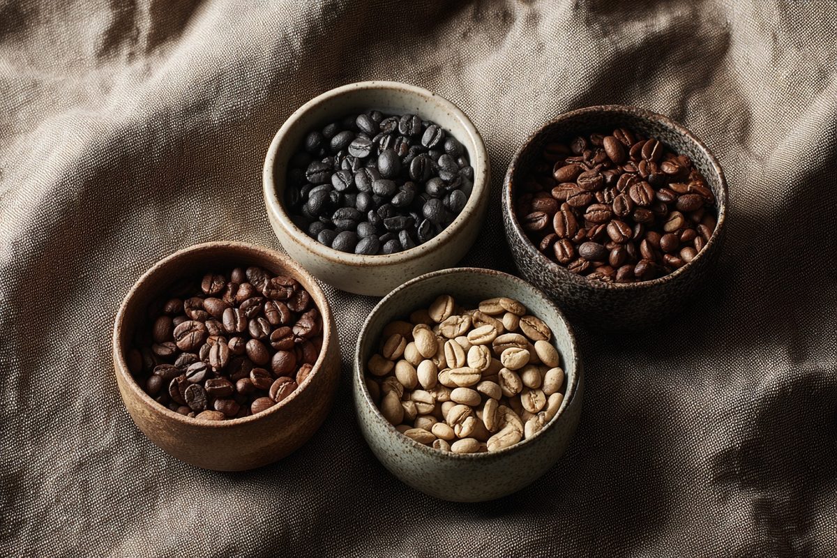 Cuatro cuencos de cerámica con distintas variedades de granos de café tostado sobre superficie de lino oscuro vista cenital