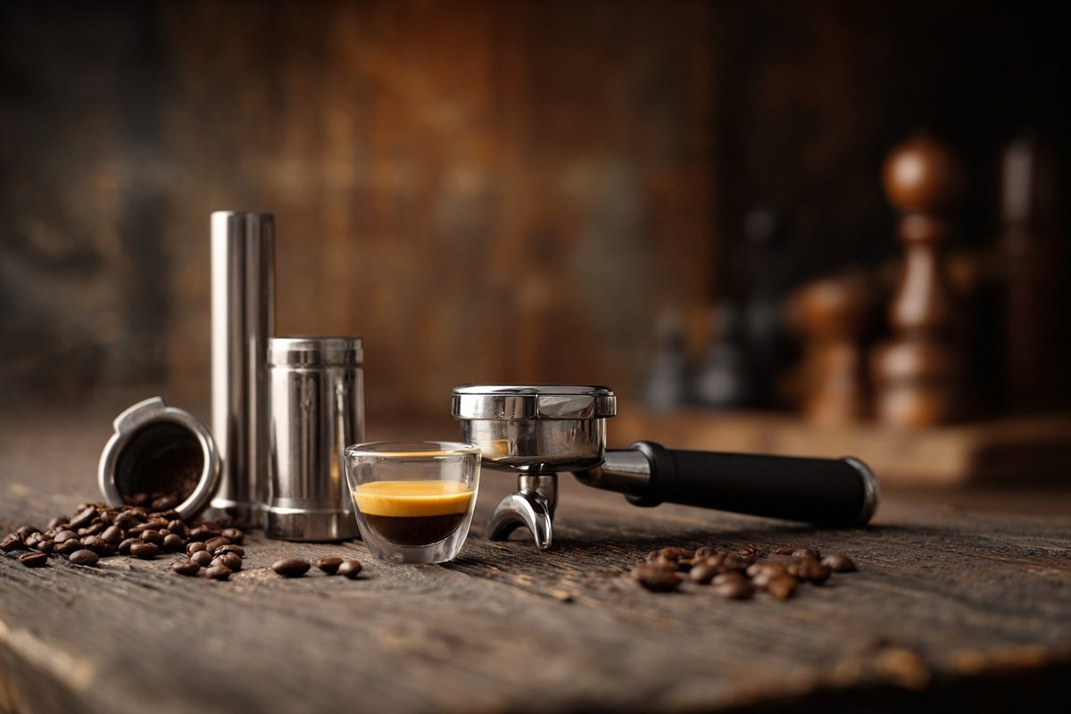 Barista profesional preparando café espresso en bar de hostelería con granos de tueste artesanal