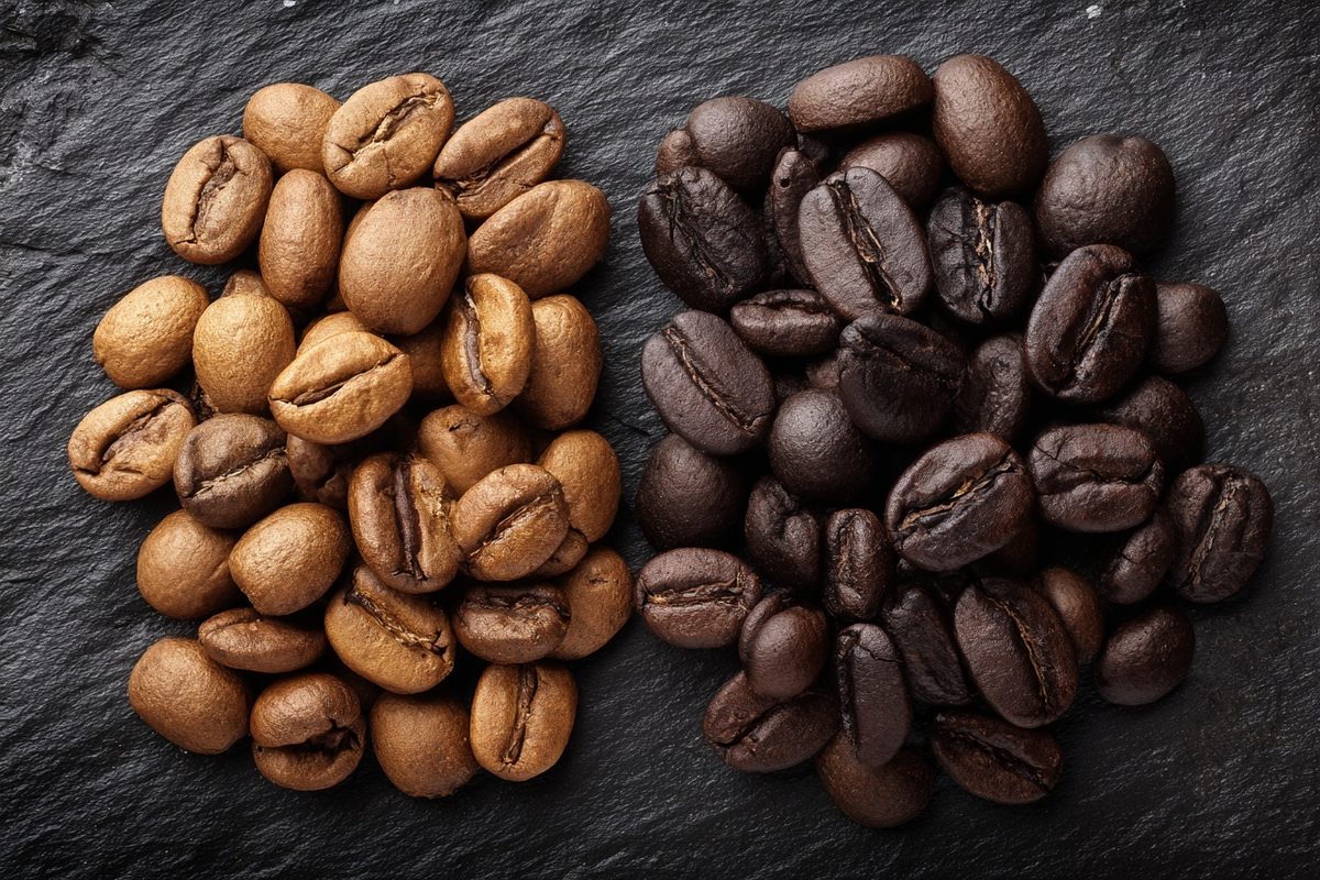 Dos grupos de granos de café sobre pizarra oscura: café natural tostado claro y café torrefacto muy oscuro comparados